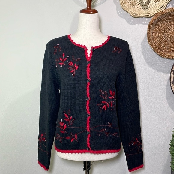 Hand Crochet Embroidered Beaded Cardigan Sweater Button Up Black & Red Small - Picture 1 of 13